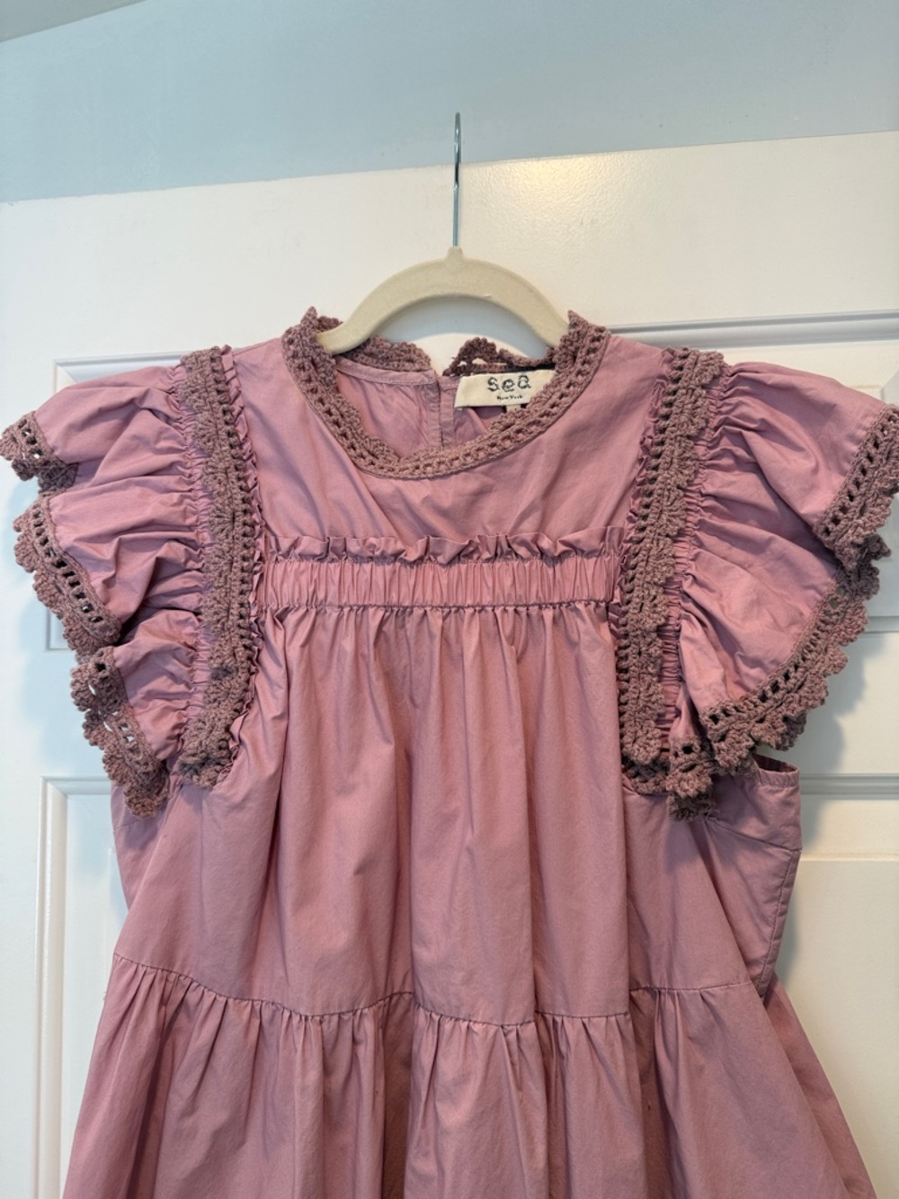 Sea NY Lilac Light Purple Ruffle Flutter Crochet Sleeve Dress Medium